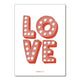 A vertical art print featuring the word 'LOVE' in large, 3D marquee-style letters with white light bulbs, printed in coral red on a white background. Small text at the bottom reads 'PARIHOEOTIC.
