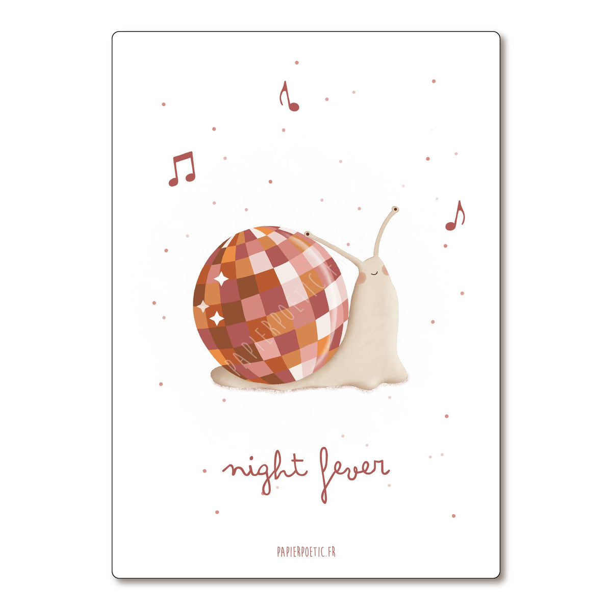 Illustration of a snail with a checkered shell and 'night fever' text on a white background.