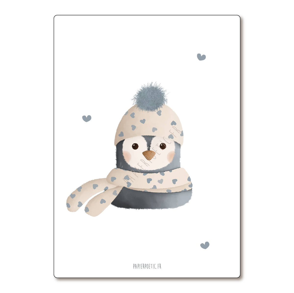 A vertical art print featuring a cute cartoon penguin wearing a beige knit hat with a gray pom-pom and a matching scarf with gray hearts, on a white background with small gray heart accents.