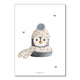 A vertical art print featuring a cute cartoon penguin wearing a beige knit hat with a gray pom-pom and a matching scarf with gray hearts, on a white background with small gray heart accents.