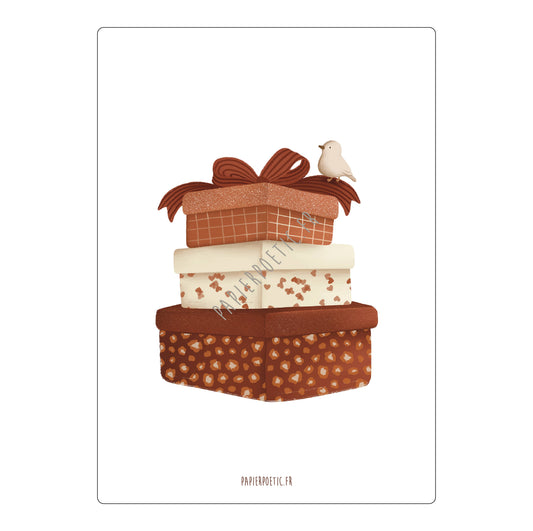 A square art print featuring a whimsical illustration of three stacked gift boxes with a small white bird perched on the top box. The print is displayed on a clean white background with a subtle drop shadow.