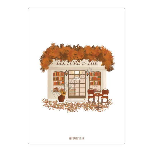 A square art print featuring an illustration of a cozy bookshop storefront labeled 'LECTURE & THE BOOKS' with autumn orange foliage, brown chairs, and scattered leaves on a white background.