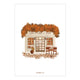 A square art print featuring an illustration of a cozy bookshop storefront labeled 'LECTURE & THE BOOKS' with autumn orange foliage, brown chairs, and scattered leaves on a white background.