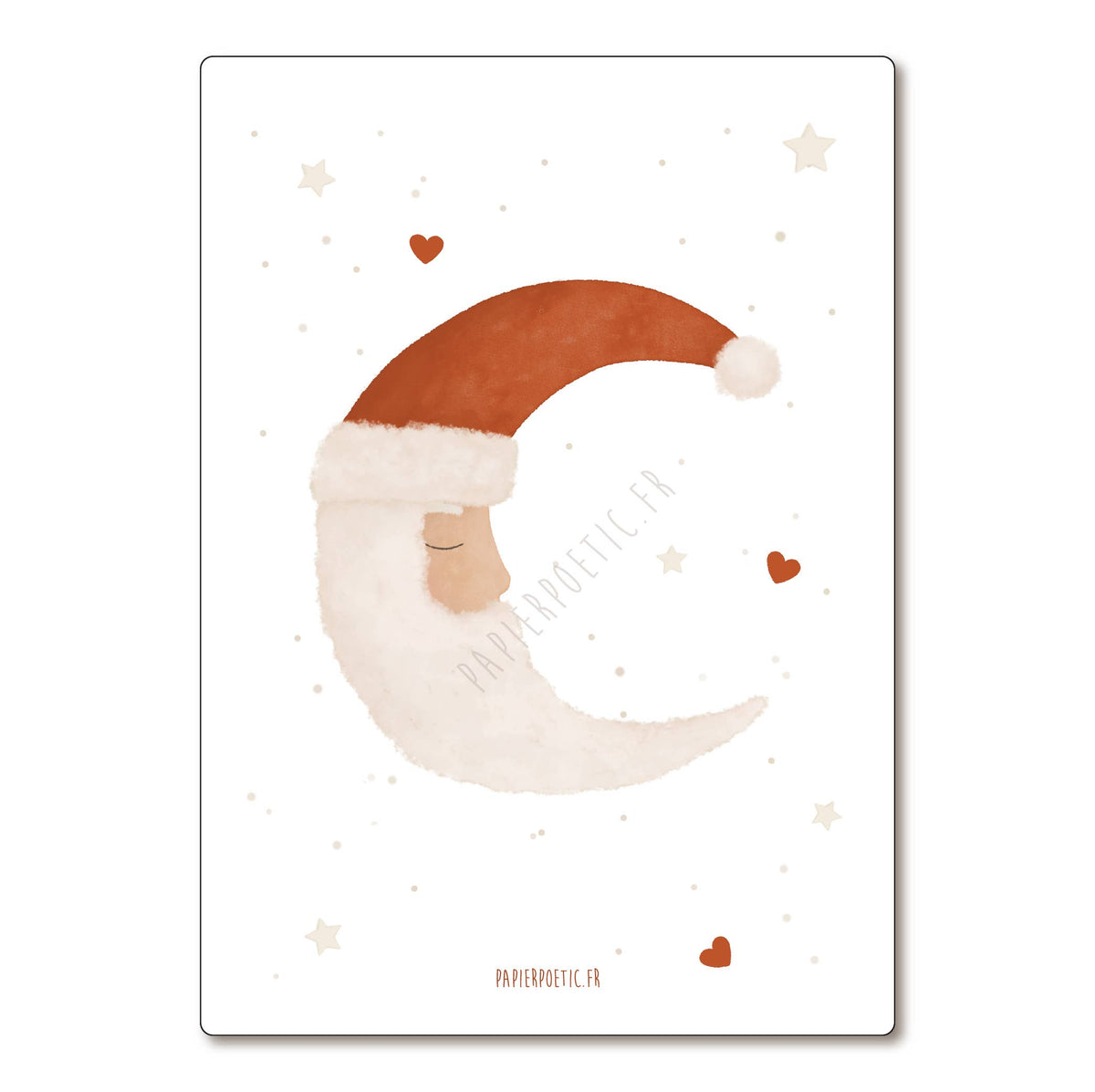 A vertical art print featuring a whimsical watercolor illustration of Santa Claus with a long white beard forming a crescent moon, wearing a brown Santa hat. The print is decorated with small brown hearts and stars on a white background, with the brand name 'PARIANROSETTE.