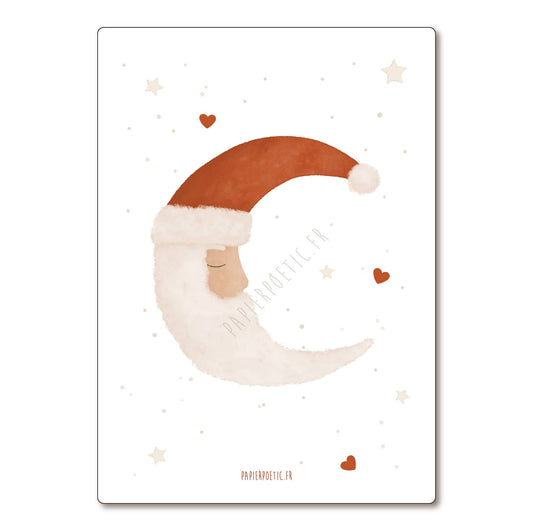 A vertical art print featuring a whimsical watercolor illustration of Santa Claus with a long white beard forming a crescent moon, wearing a brown Santa hat. The print is decorated with small brown hearts and stars on a white background, with the brand name 'PARIANROSETTE.