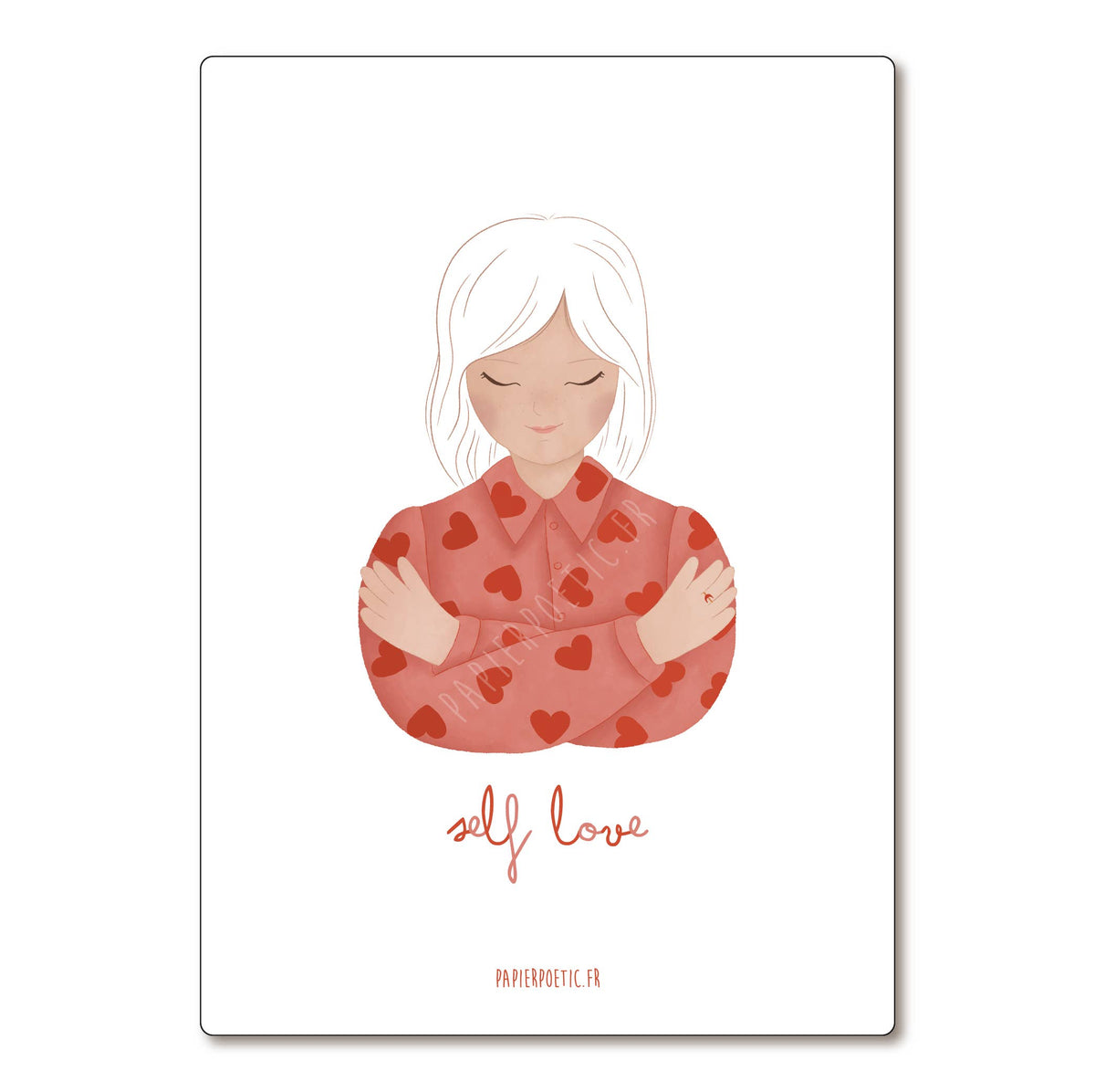 A minimalist art print featuring an illustration of a woman with white hair hugging herself, wearing a red shirt patterned with red hearts. Below the illustration, the words 'self love' are written in a cursive red font, with 'PAPERPOESY.