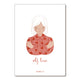 A minimalist art print featuring an illustration of a woman with white hair hugging herself, wearing a red shirt patterned with red hearts. Below the illustration, the words 'self love' are written in a cursive red font, with 'PAPERPOESY.