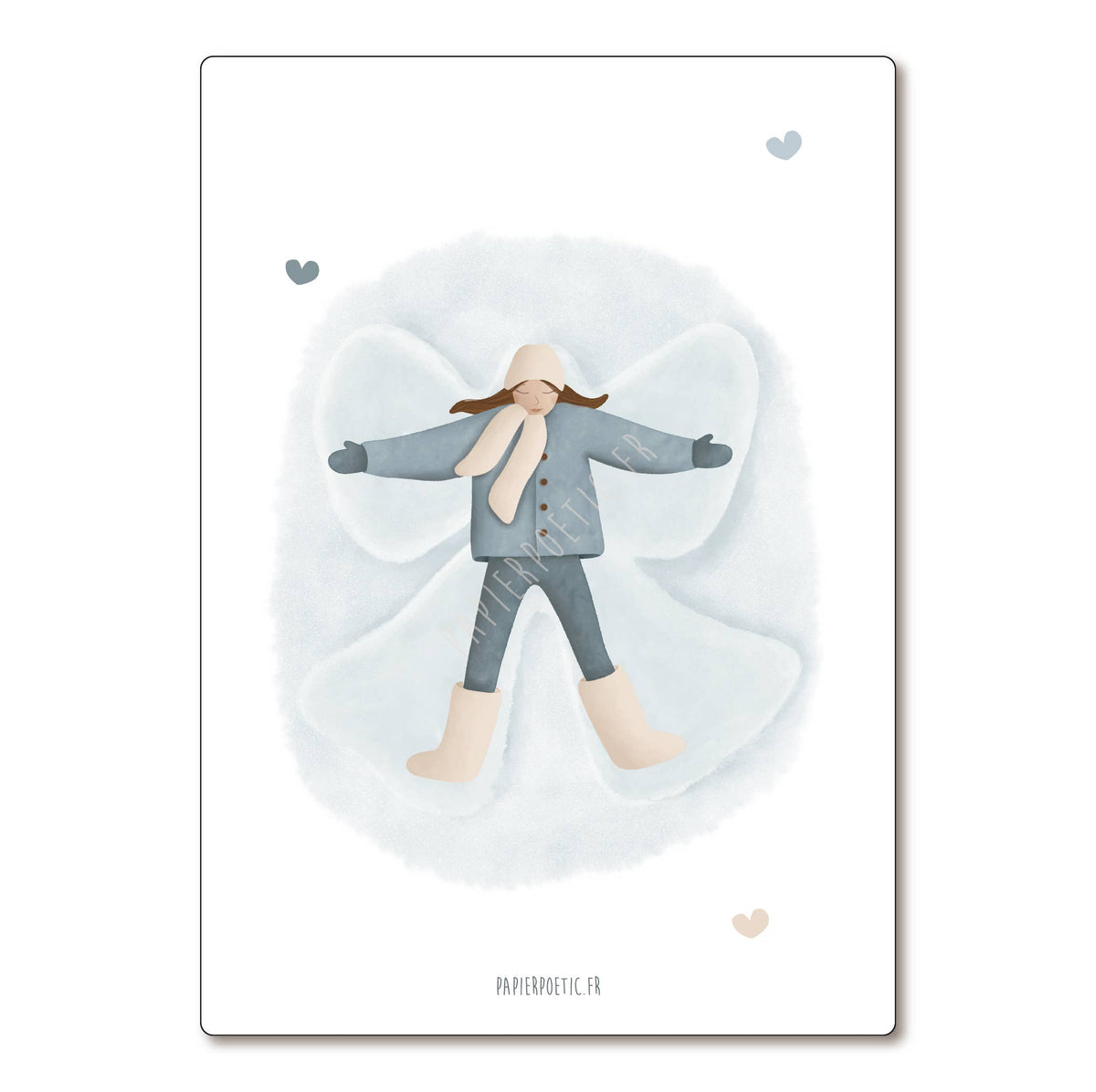 A vertical art print featuring a watercolor illustration of a child lying down in a snow angel pose, wearing a blue-gray coat, matching pants, and beige boots. The print has a white border and is displayed against a clean white background.