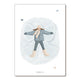 A vertical art print featuring a watercolor illustration of a child lying down in a snow angel pose, wearing a blue-gray coat, matching pants, and beige boots. The print has a white border and is displayed against a clean white background.
