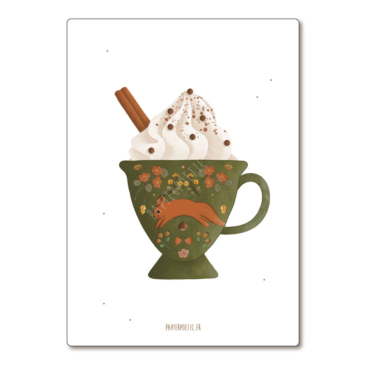 A vertical art print featuring an illustration of a green ceramic mug filled with whipped cream, chocolate chips, and a cinnamon stick, with a small orange fox motif on the mug. The print is displayed on a clean white background with a subtle drop shadow.