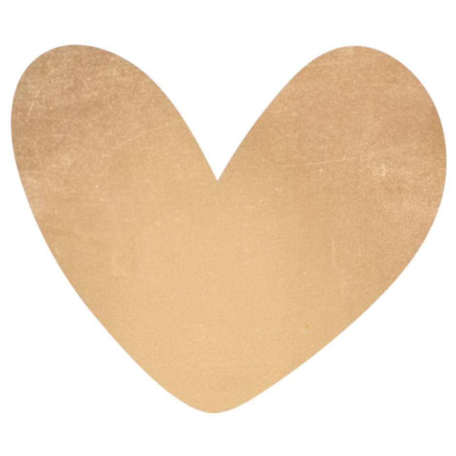 A heart-shaped gold metallic plaque with a textured, distressed finish, shown on a solid white background.
