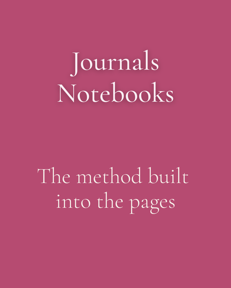 Pink cover with white text 'Journals Notebooks The method built into the pages'