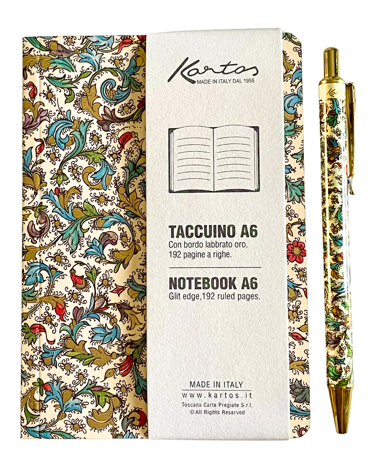 A Kottos A6 notebook with a cream-colored cover featuring a vintage botanical and bird pattern, shown next to its white paper sleeve and a matching gold pen with the same pattern.