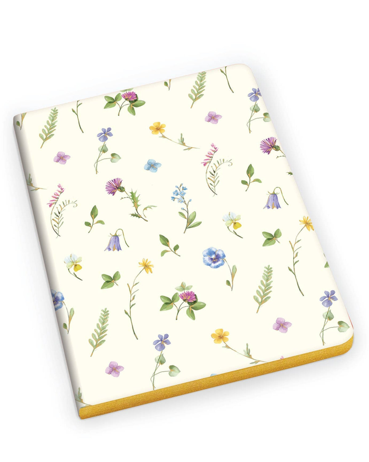 A slim hardcover notebook with a cream-colored cover decorated with a delicate, all-over wildflower pattern in green, purple, blue, and yellow. The notebook is shown at an angle against a clean white background.