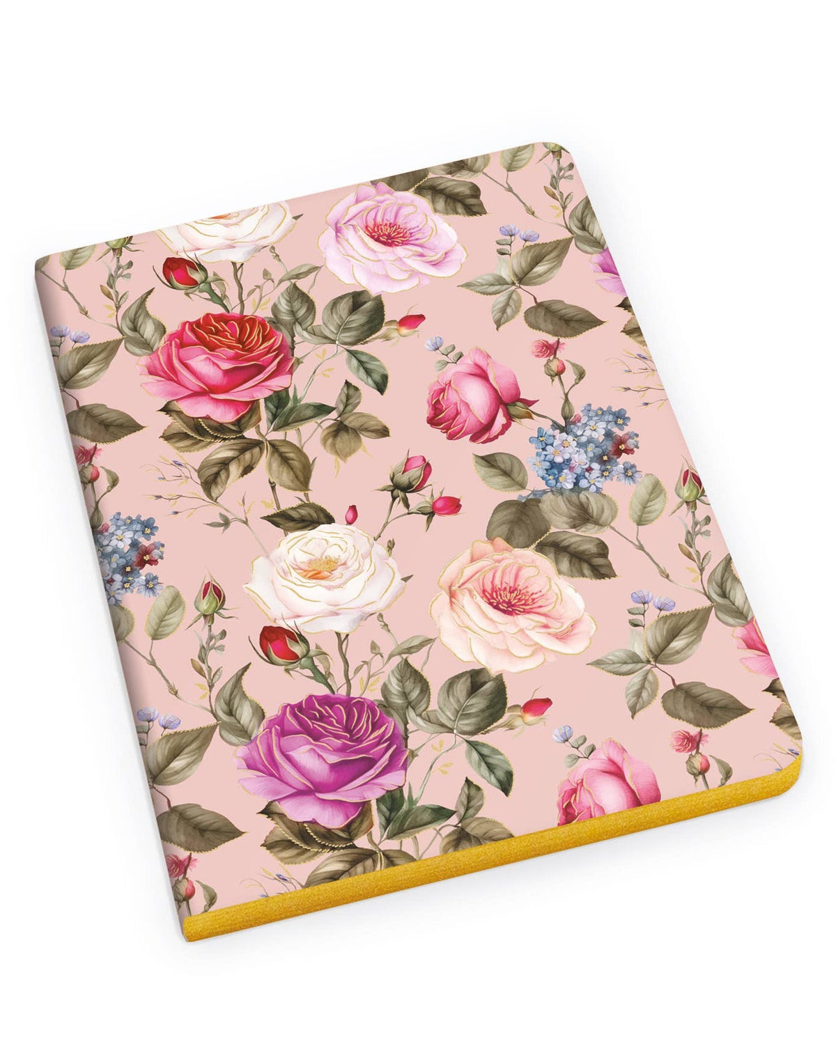 A5 hardcover notebook with a pink floral cover featuring roses and green leaves, shown at an angle on a plain white background.