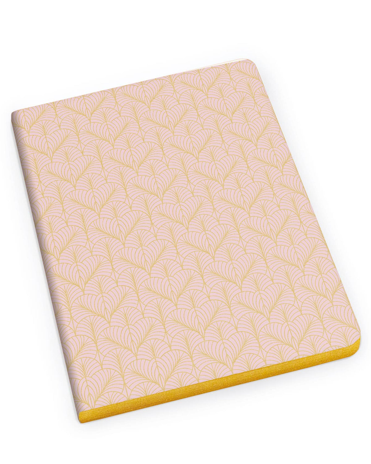 A rectangular notebook with a pale pink cover featuring a repeating gold geometric pattern, shown at an angle on a solid white background.