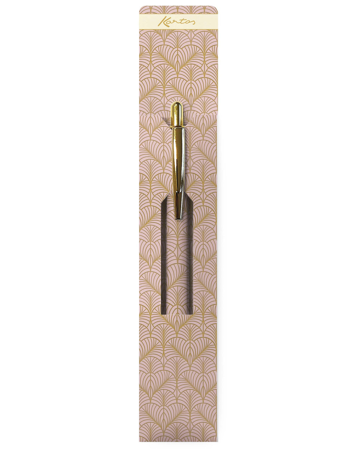A gold and black metal hair pick with a decorative beige and gold patterned backing card, shown against a plain white background.
