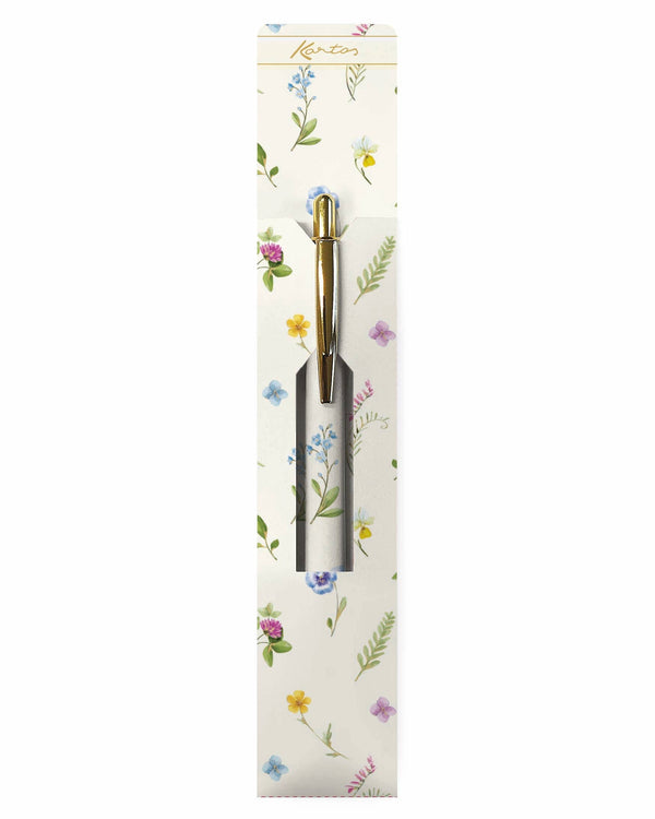 A gold-plated pen with a floral-patterned glass barrel, presented inside its matching cream-colored floral gift box.