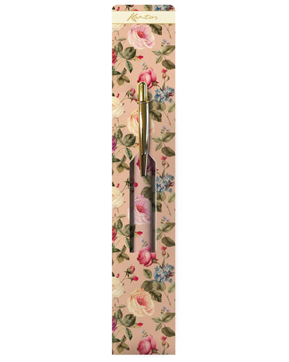 Floral-patterned pen in a decorative box on a white background