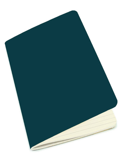 A dark teal hardcover notebook with cream-colored lined pages, shown at an angle on a plain white background.