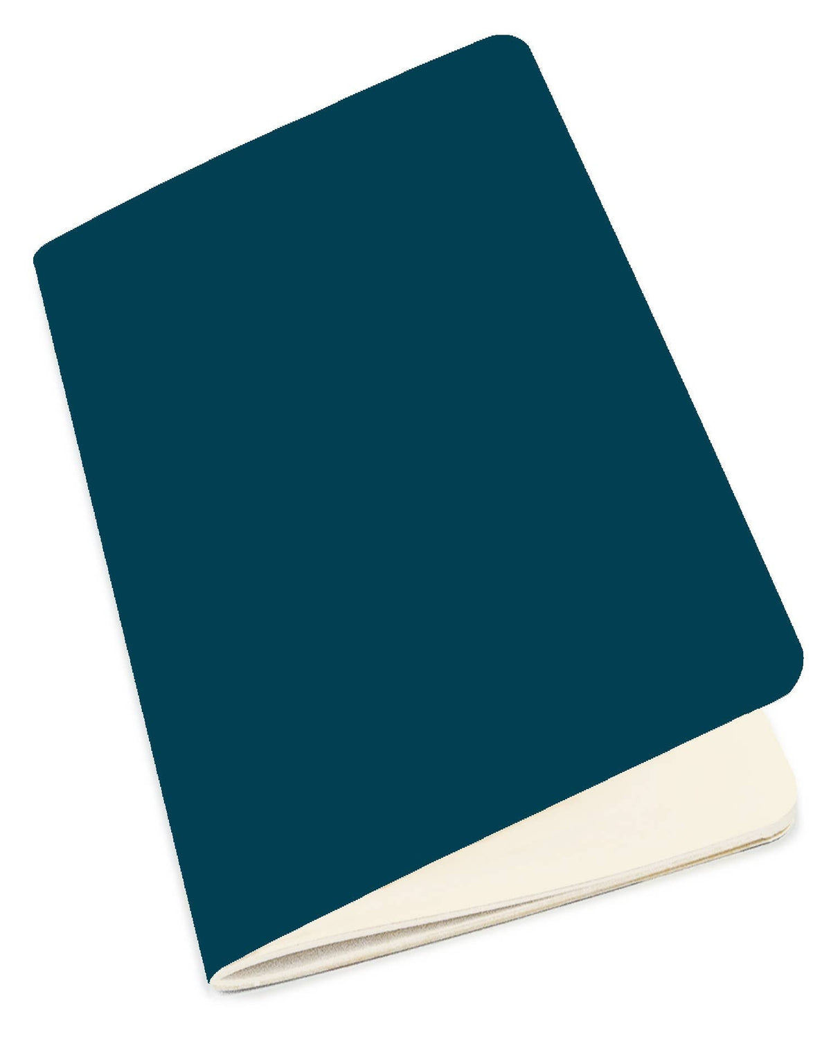 A minimalist notebook with a dark teal-blue cover and cream-colored pages, shown at an angle on a solid white background.