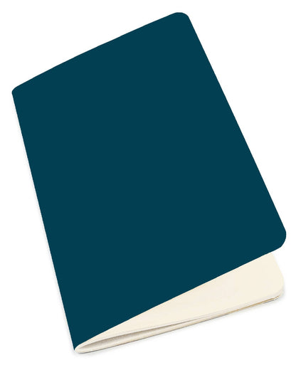 A minimalist notebook with a dark teal-blue cover and cream-colored pages, shown at an angle on a solid white background.
