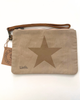 A beige canvas wristlet pouch with a large brown star on the front, a brown zipper, and a brown strap, shown on a white background with a paper tag attached.