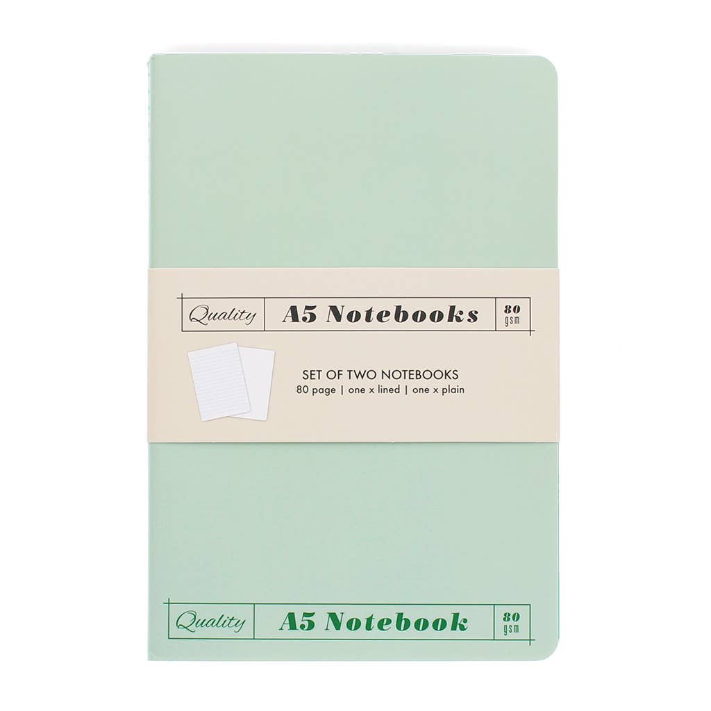 Set of two A5 notebooks with a light green cover and beige label on a white background