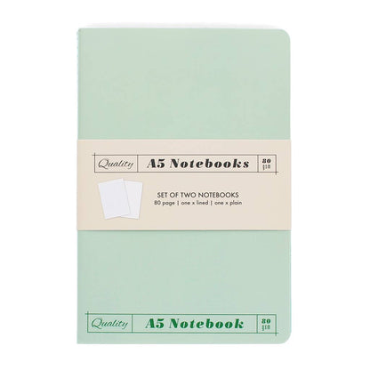 Set of two A5 notebooks with a light green cover and beige label on a white background