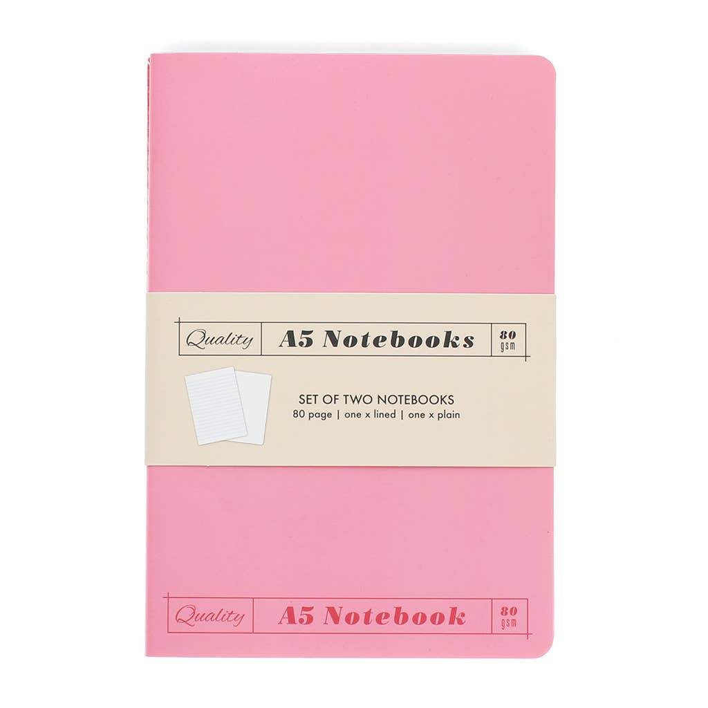 Set of two A5 notebooks with pink cover and beige label on a white background