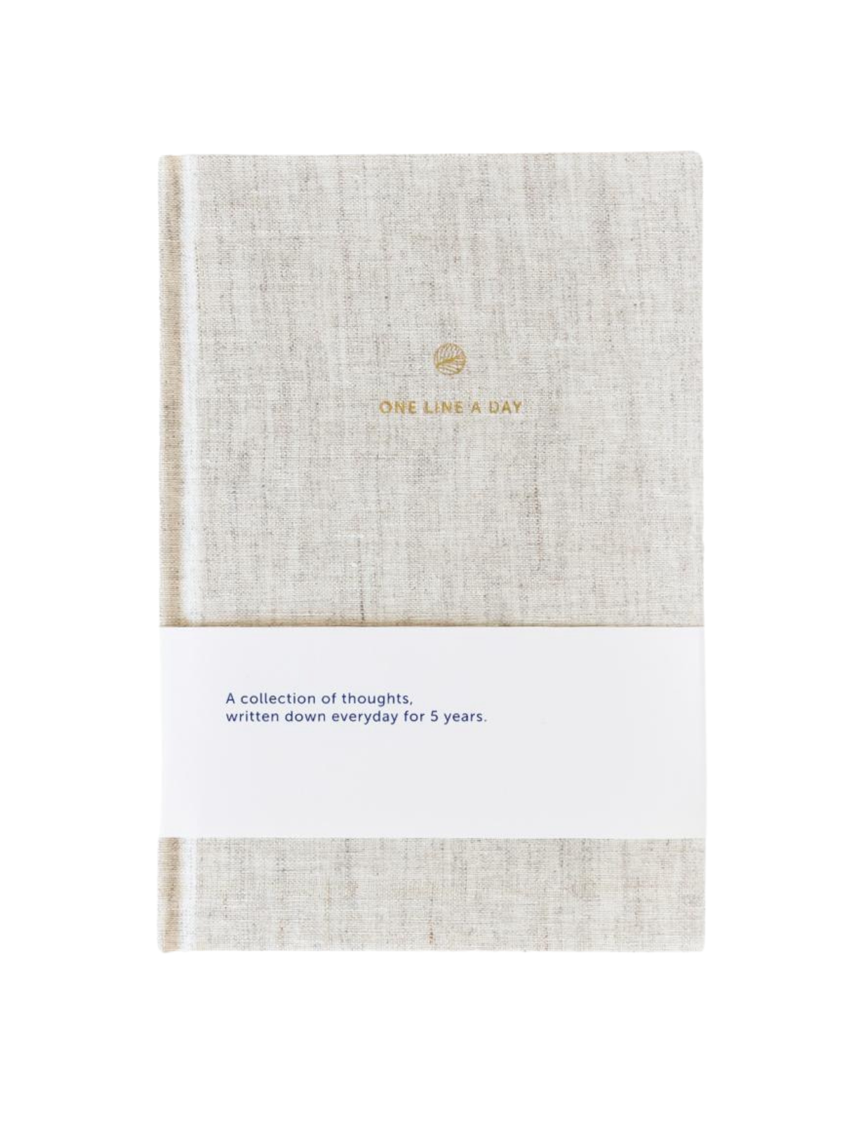 Journal with textured cover and gold text on a white background