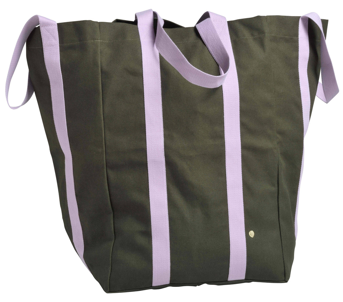 Green tote bag with purple straps on a white background