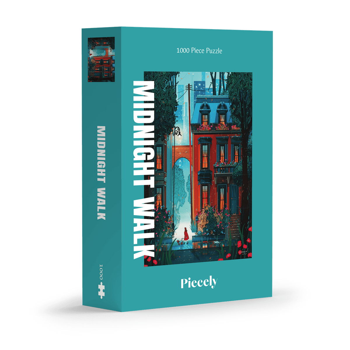 Puzzle box titled 'Midnight Walk' by Picceley on a stand with a green background
