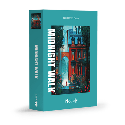 Puzzle box titled 'Midnight Walk' by Picceley on a stand with a green background