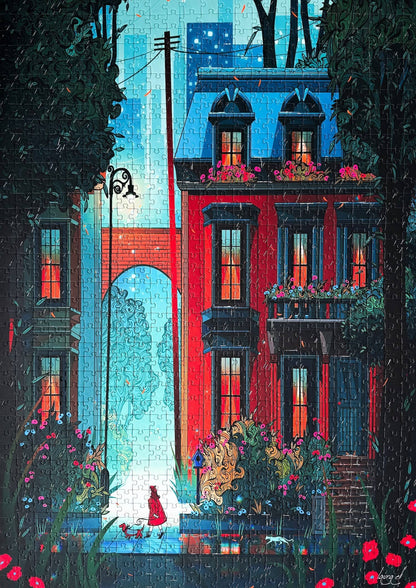 Colorful illustration of a street scene with a red building and a woman in a red dress walking.