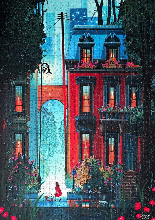 Puzzle box titled 'Midnight Walk' by Picceley on a stand with a green background