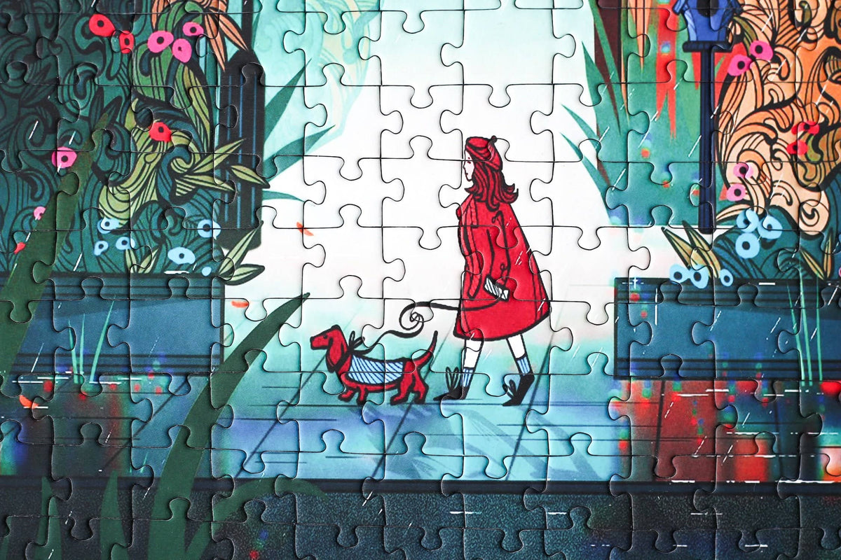 Jigsaw puzzle with a completed section showing a person in a red coat walking a dog, surrounded by colorful abstract elements.