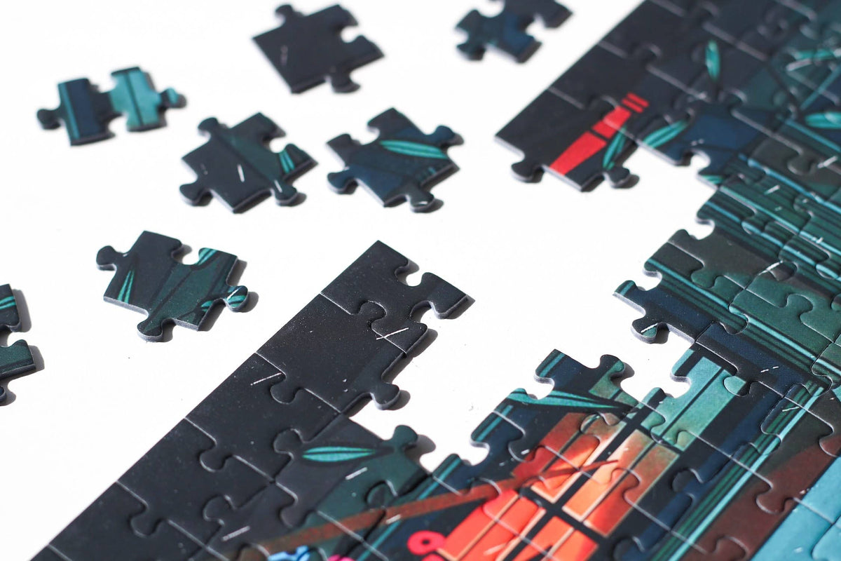 Jigsaw puzzle pieces with a colorful design on a white background