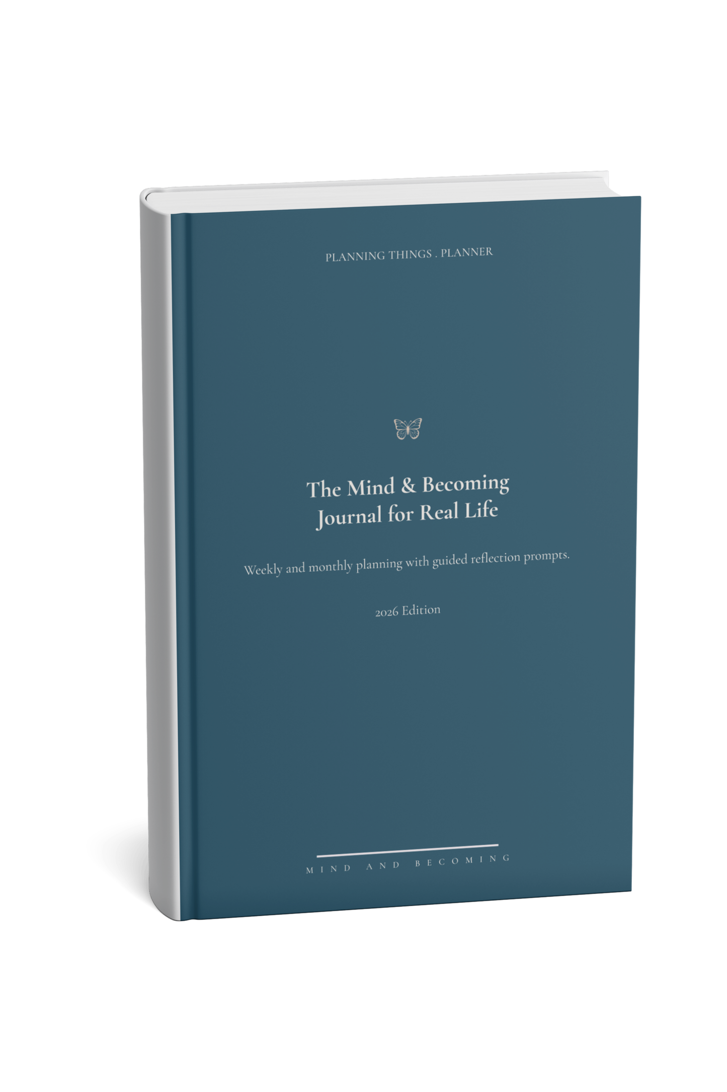 Blue journal titled 'The Mind & Becoming Journal for Real Life' on a white background