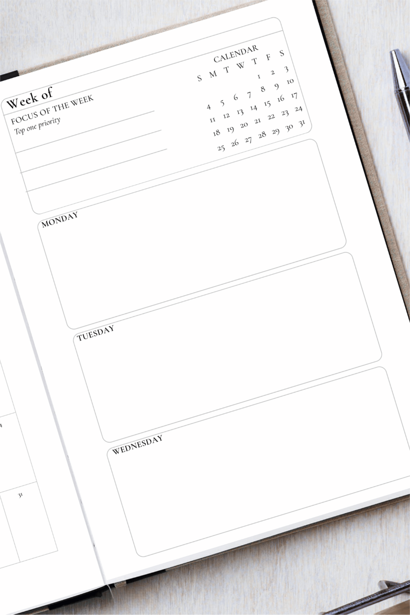 2026 Weekly planner page with calendar and time slots