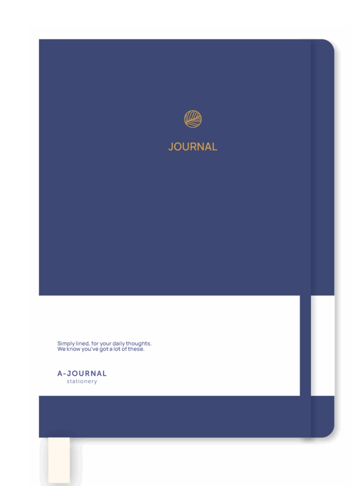 A navy blue hardcover journal with a white lower band, gold foil logo and the word 'JOURNAL' on the cover, shown standing upright against a white background.