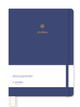 A navy blue hardcover journal with a white lower band, gold foil logo and the word 'JOURNAL' on the cover, shown standing upright against a white background.