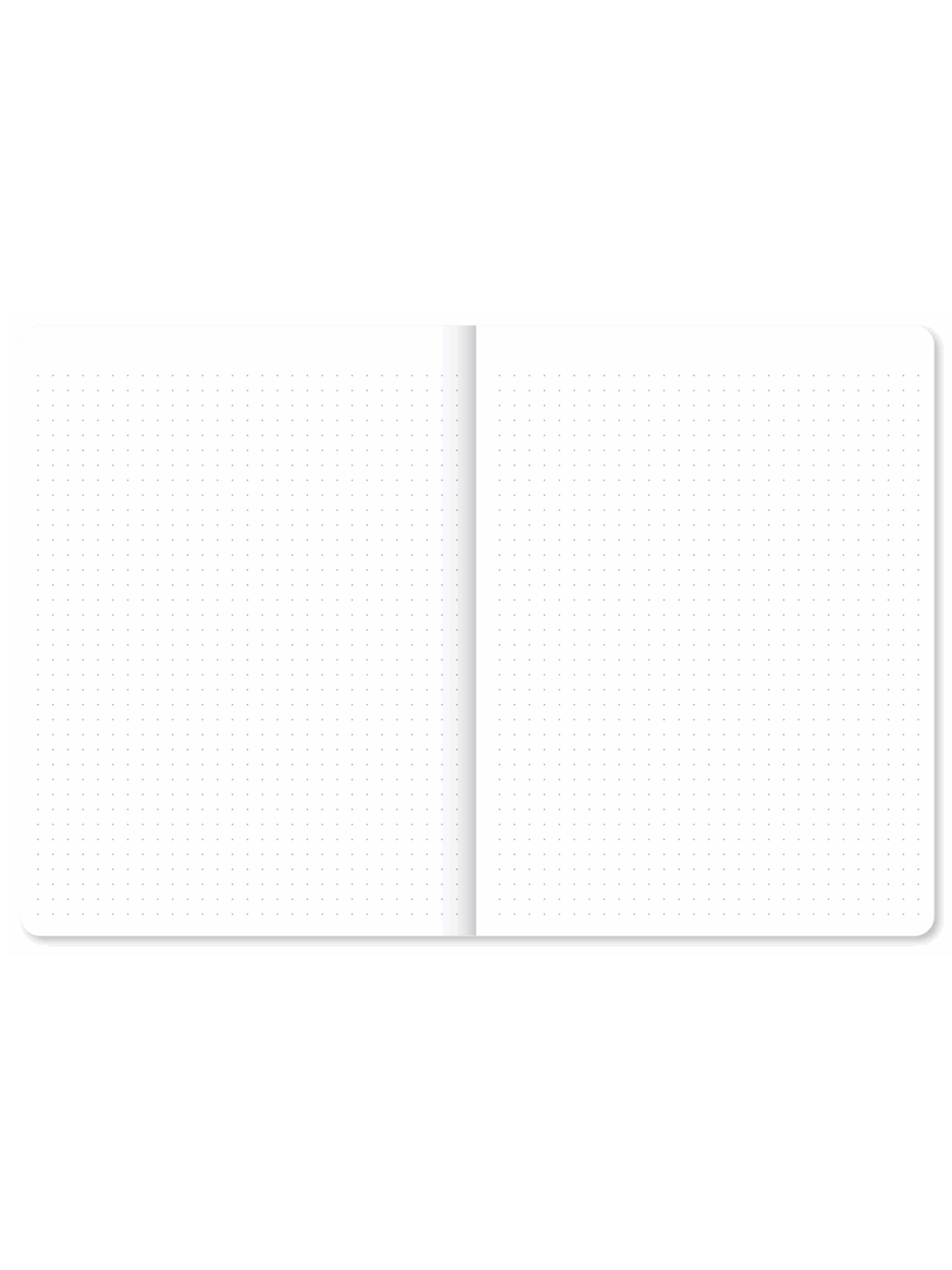 An open notebook with two blank white pages featuring a light gray dot grid pattern, set against a solid white background.
