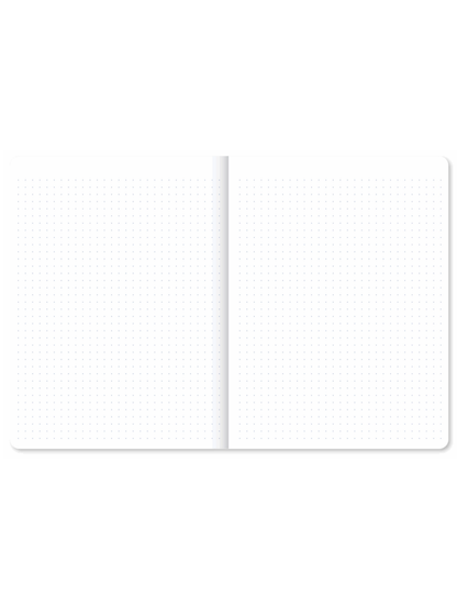 An open notebook with two blank white pages featuring a light gray dot grid pattern, set against a solid white background.