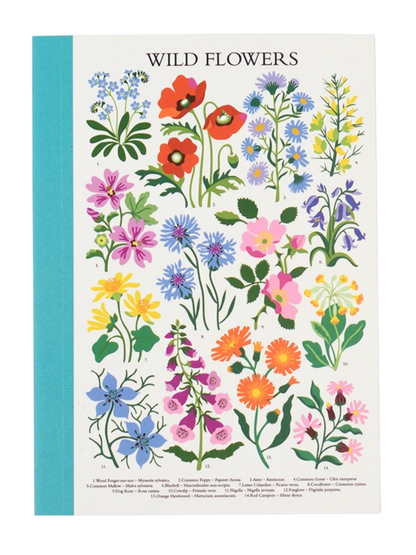A hardcover notebook titled 'WILD FLLOWERS' featuring a vintage botanical illustration of various colorful wildflowers on an off-white cover, with a turquoise spine band.