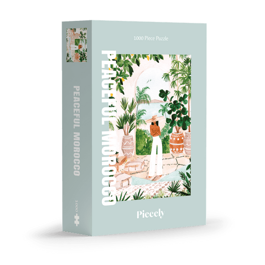 Pacelful Morocco puzzle box with a scenic illustration on a green background