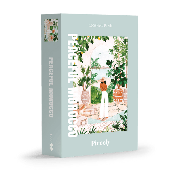 Pacelful Morocco puzzle box with a scenic illustration on a green background