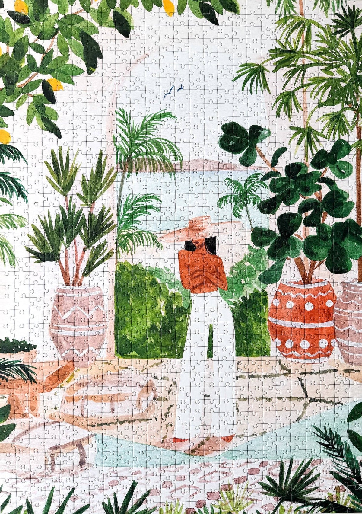 Jigsaw puzzle with a tropical scene featuring a woman and plants.