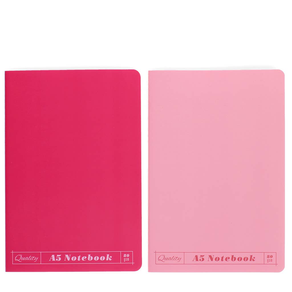 Two pink A5 notebooks on a white background