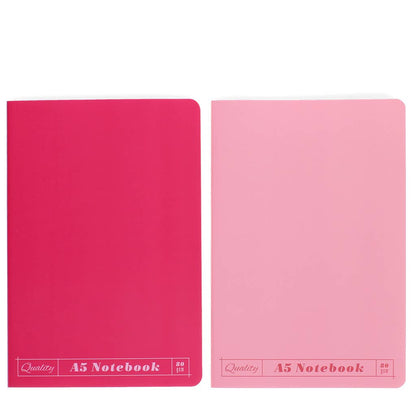 Two pink A5 notebooks on a white background